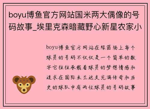 boyu博鱼官方网站国米两大偶像的号码故事_埃里克森暗藏野心新星农家小孩队